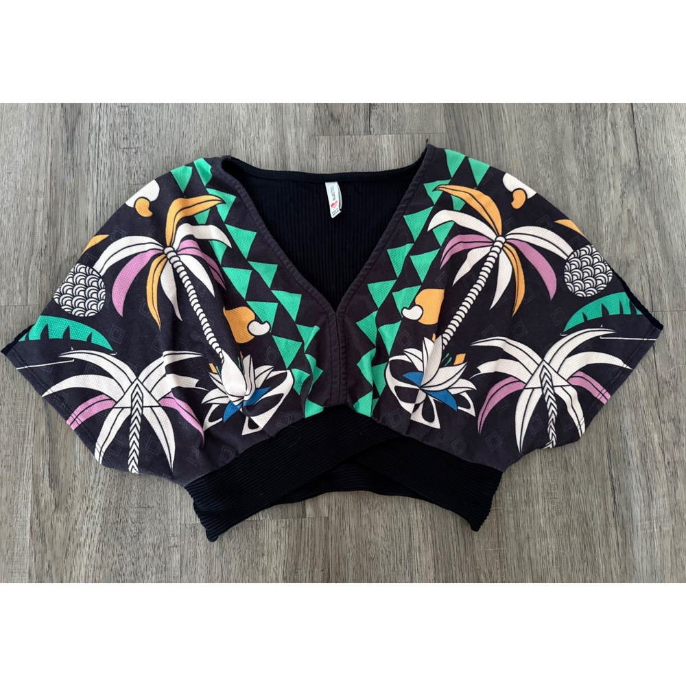 Blue Steel Women's Tropical Palm Print Kimono Crop Top Size M Dolman Sleeve